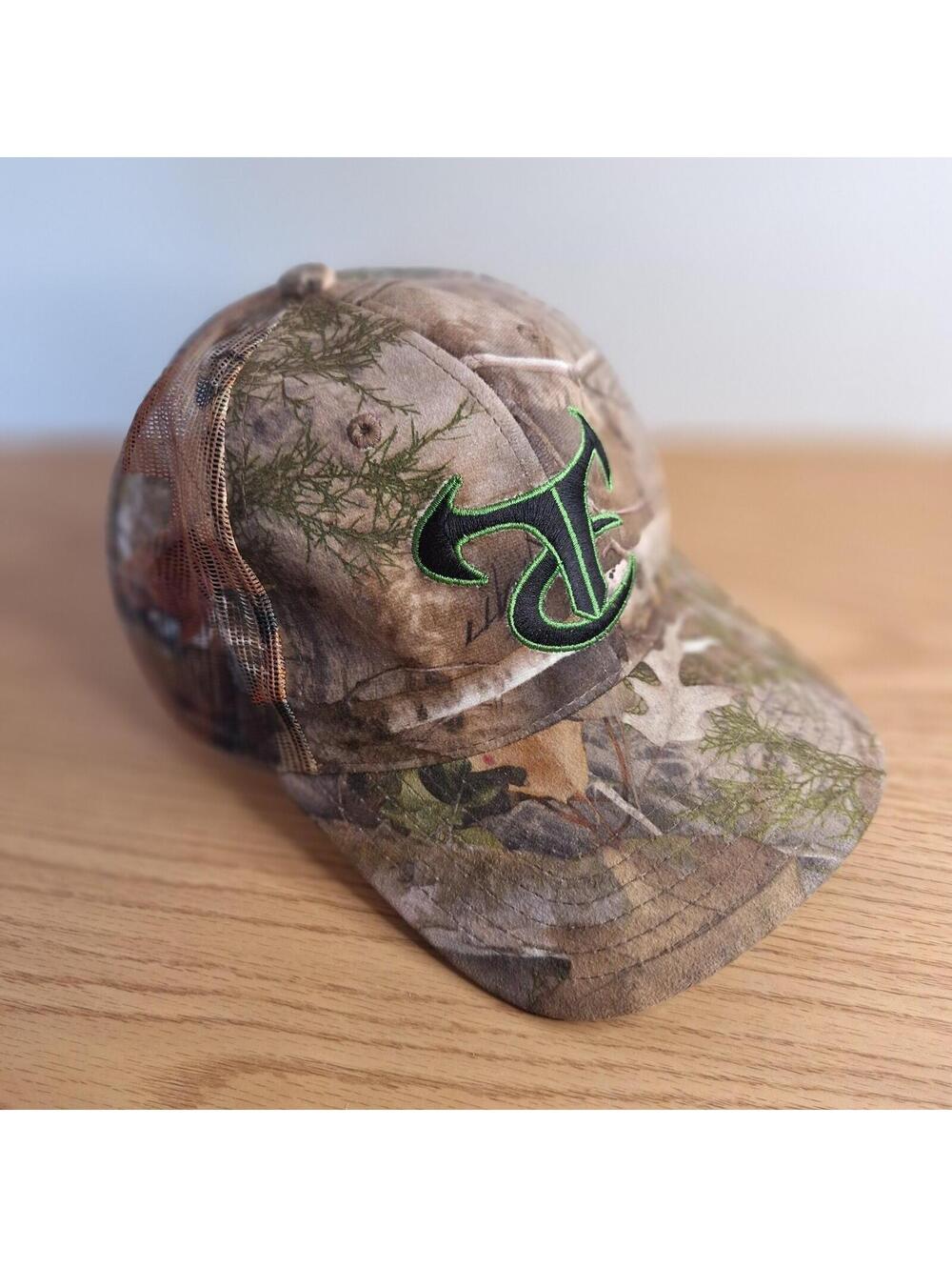 TrueTimber Camo Trucker Hat Green Embroidered Logo Mesh Back Snapback Cap EUC